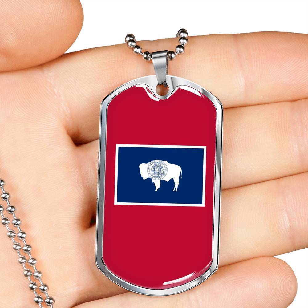 Wyoming Flag Pendant Stainless Steel or 18k Gold Dog Tag Necklace 24" Chain - Express Your Love Gifts