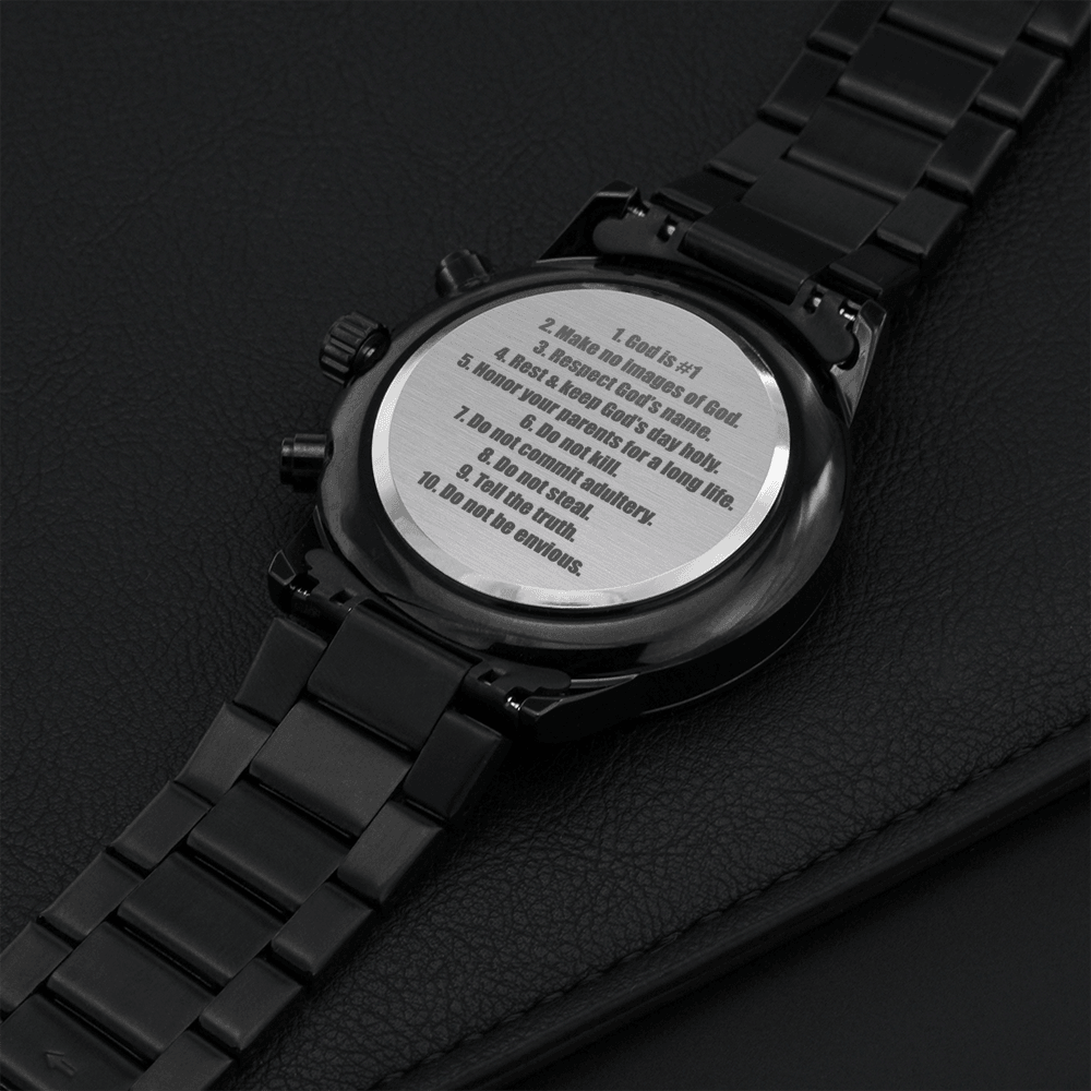 10 Commandments Engraved Multifunction Fishing Men's Watch Stainless Steel Chronograph W Copper Dial-Express Your Love Gifts