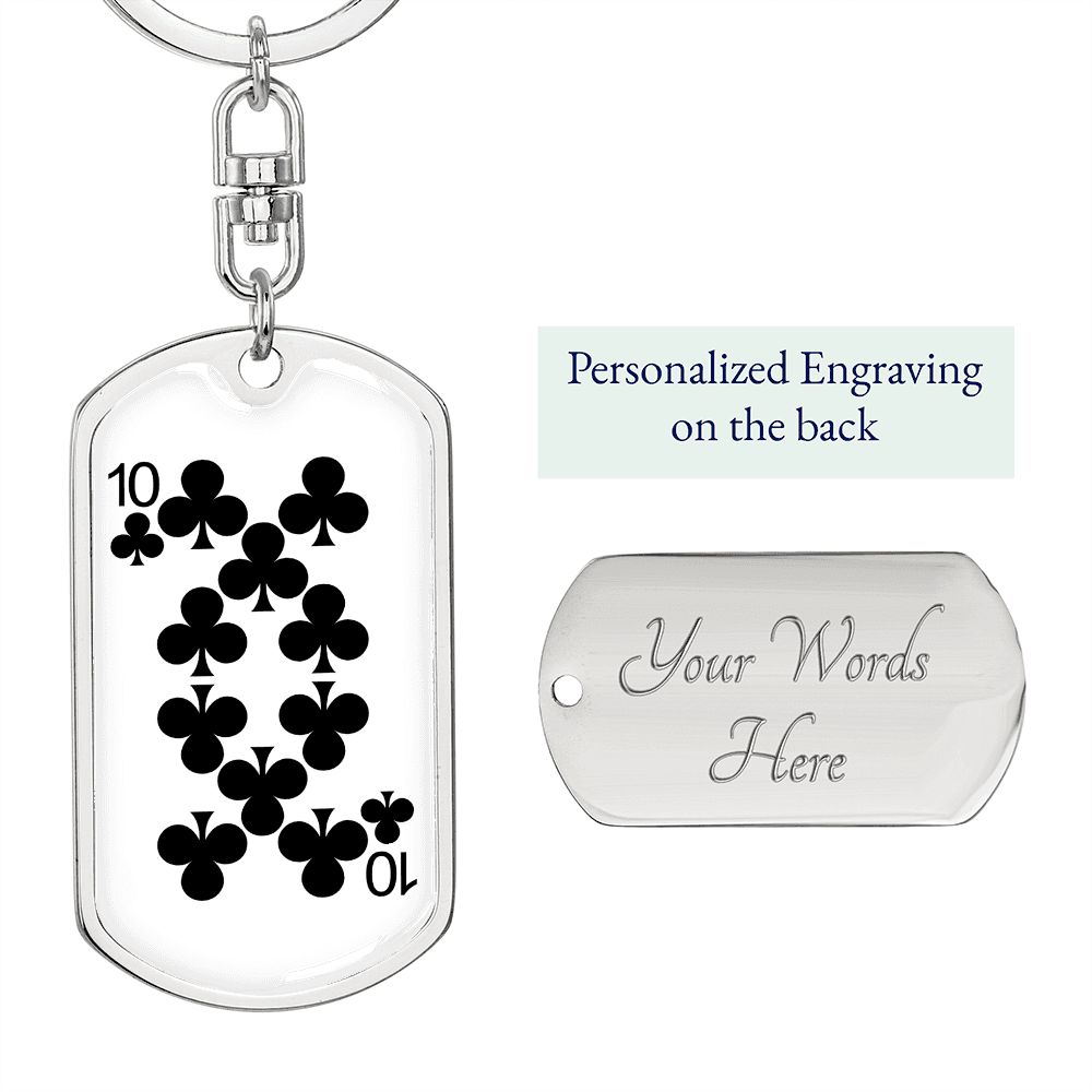 10 of Clubs Gambler Keychain Stainless Steel or 18k Gold Dog Tag Keyring-Express Your Love Gifts