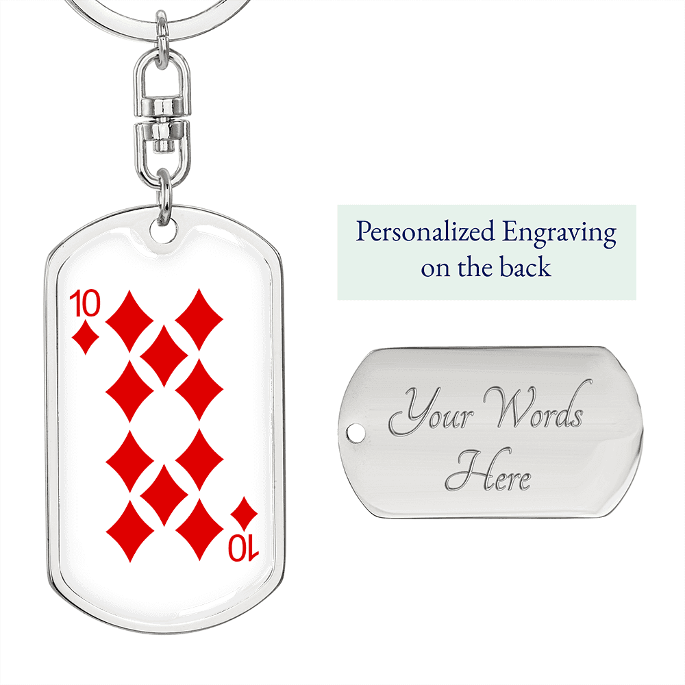 10 of Diamonds Gambler Keychain Stainless Steel or 18k Gold Dog Tag Keyring-Express Your Love Gifts