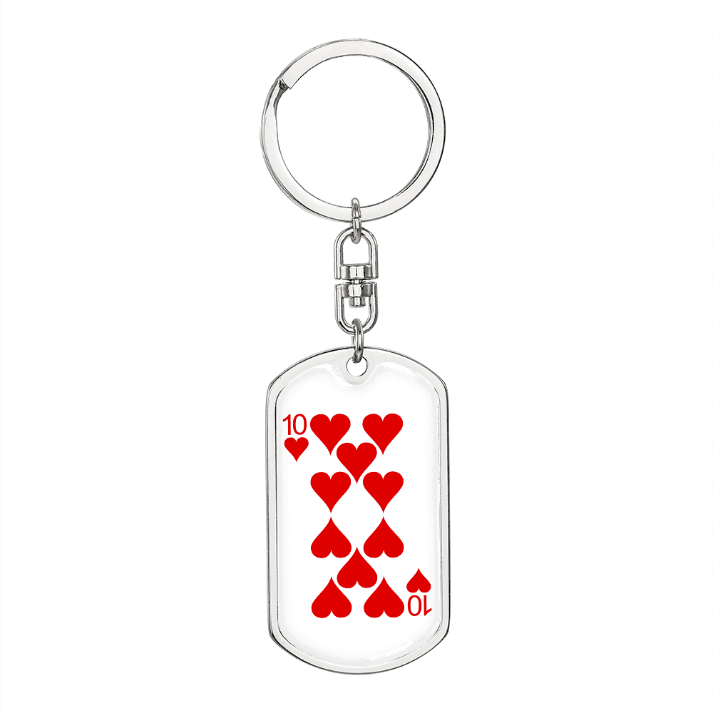 10 of Hearts Gambler Keychain Stainless Steel or 18k Gold Dog Tag Keyring-Express Your Love Gifts