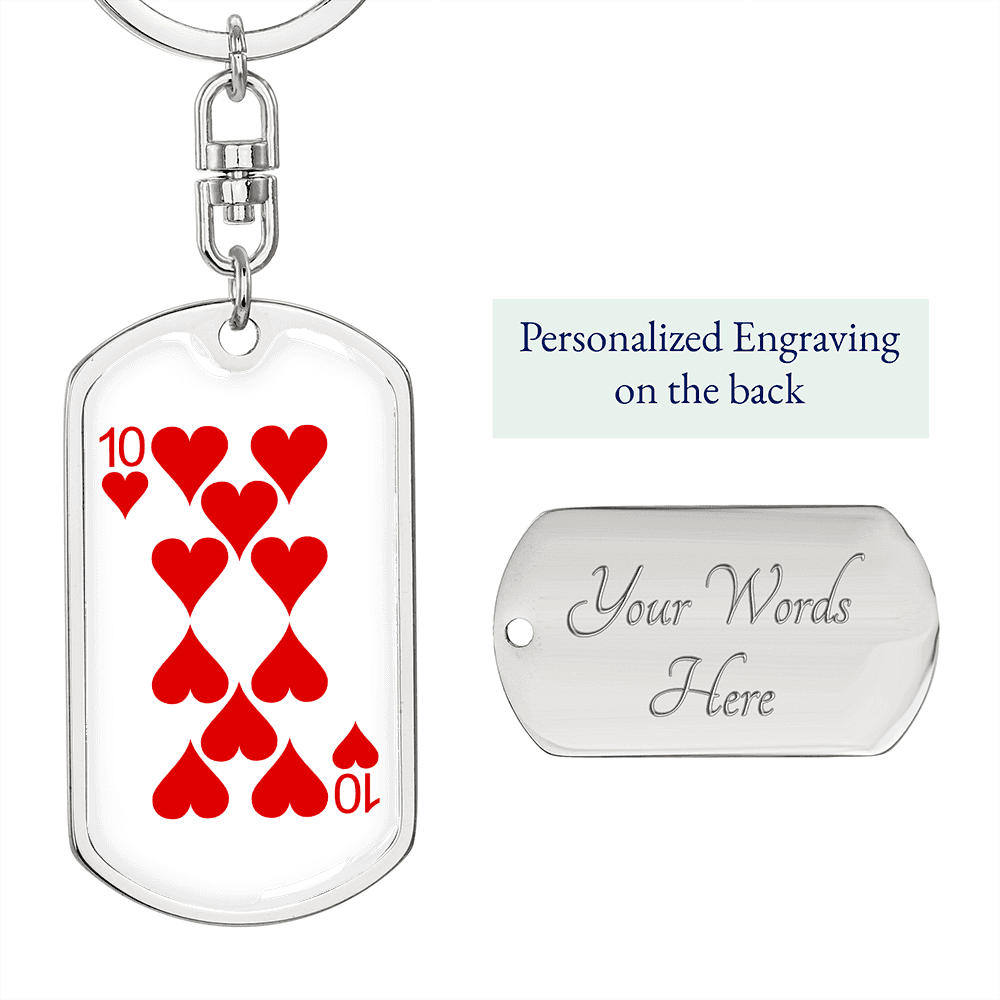 10 of Hearts Gambler Keychain Stainless Steel or 18k Gold Dog Tag Keyring-Express Your Love Gifts
