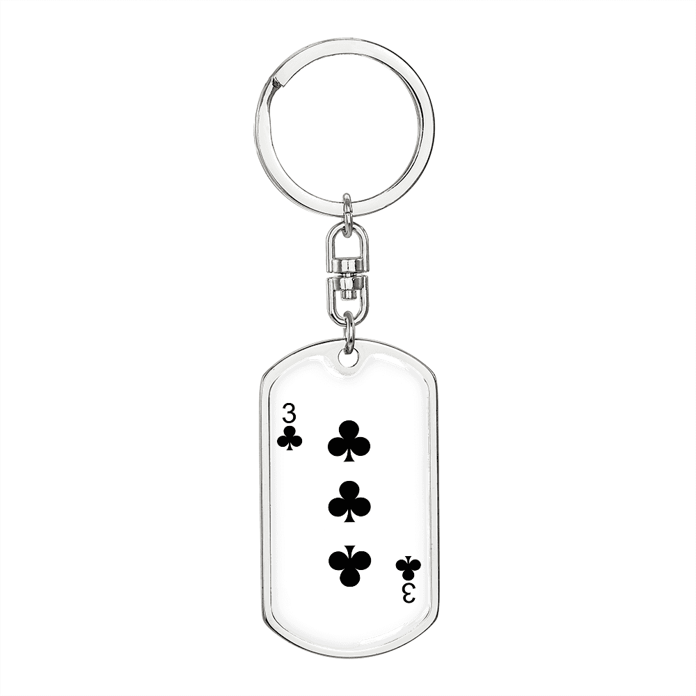 3 of Clubs Gambler Keychain Stainless Steel or 18k Gold Dog Tag Keyring-Express Your Love Gifts