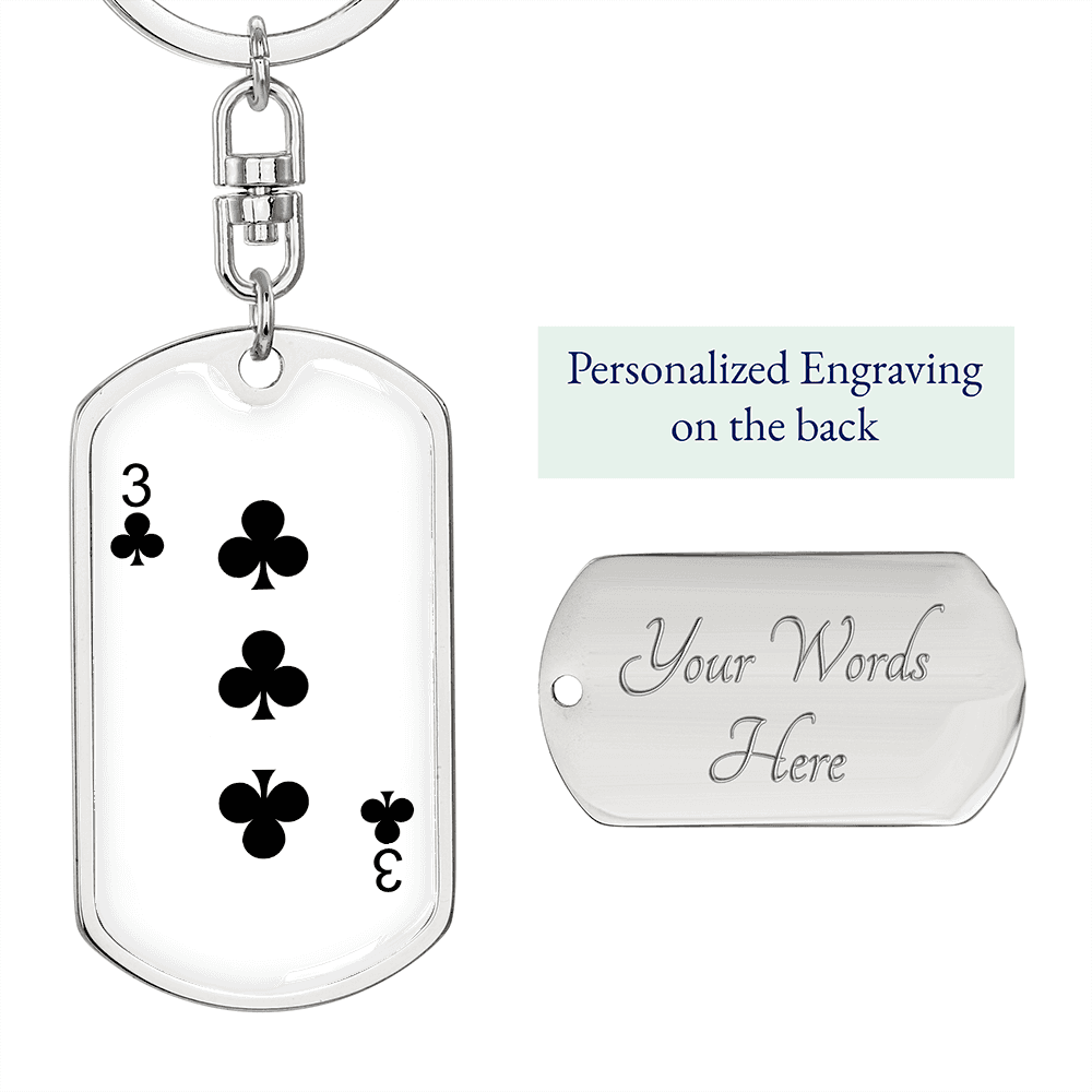 3 of Clubs Gambler Keychain Stainless Steel or 18k Gold Dog Tag Keyring-Express Your Love Gifts