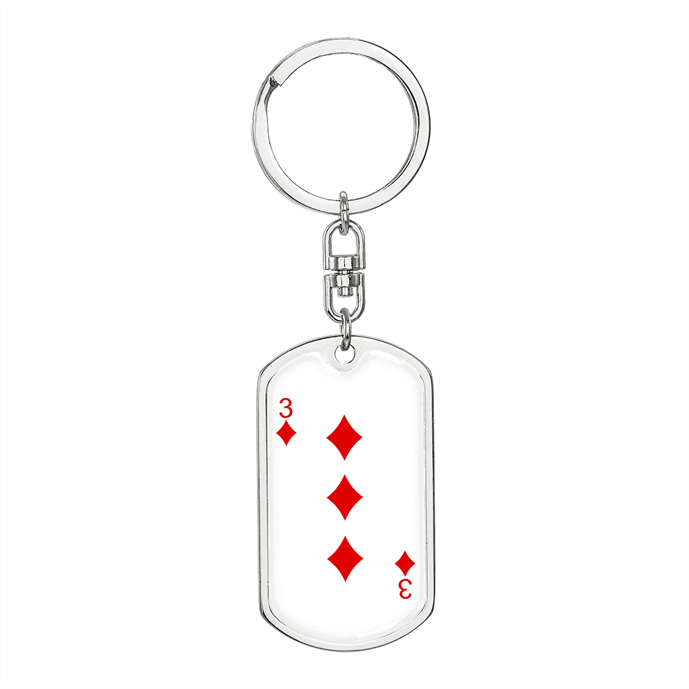 3 of Diamonds Gambler Keychain Stainless Steel or 18k Gold Dog Tag Keyring-Express Your Love Gifts