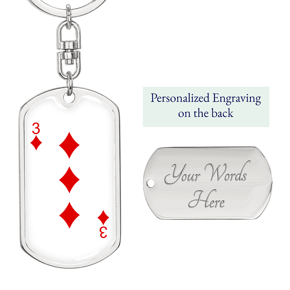 3 of Diamonds Gambler Keychain Stainless Steel or 18k Gold Dog Tag Keyring-Express Your Love Gifts