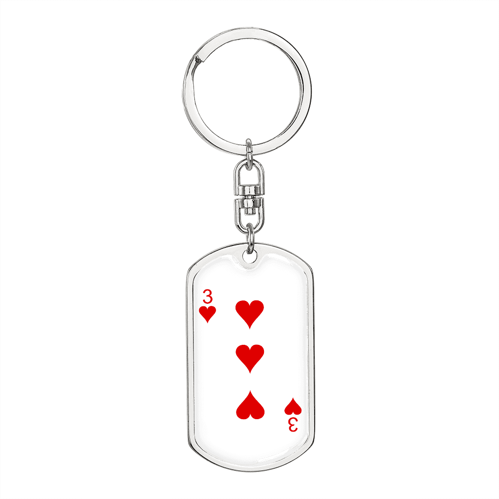 3 of Hearts Gambler Keychain Stainless Steel or 18k Gold Dog Tag Keyring-Express Your Love Gifts