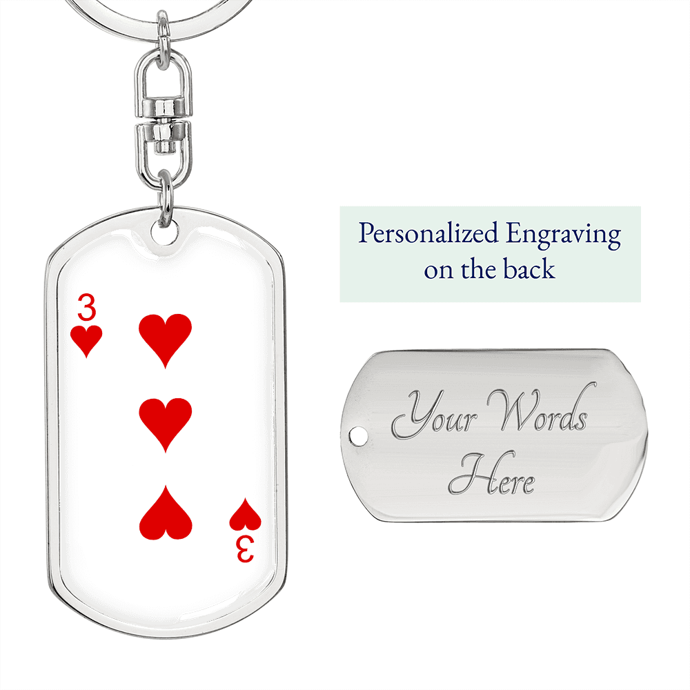 3 of Hearts Gambler Keychain Stainless Steel or 18k Gold Dog Tag Keyring-Express Your Love Gifts