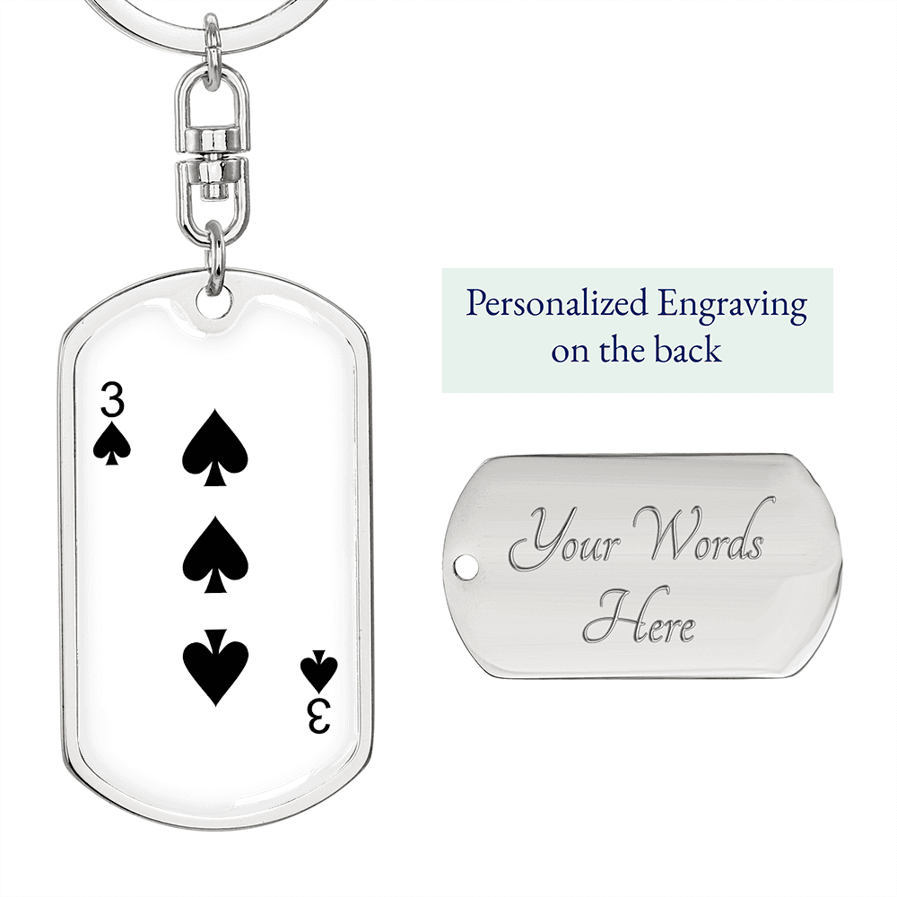3 of Spades Gambler Keychain Stainless Steel or 18k Gold Dog Tag Keyring-Express Your Love Gifts