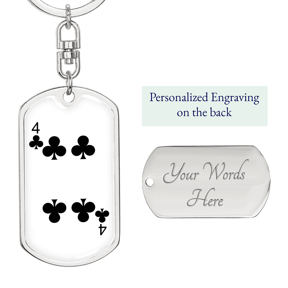 4 of Clubs Gambler Keychain Stainless Steel or 18k Gold Dog Tag Keyring-Express Your Love Gifts
