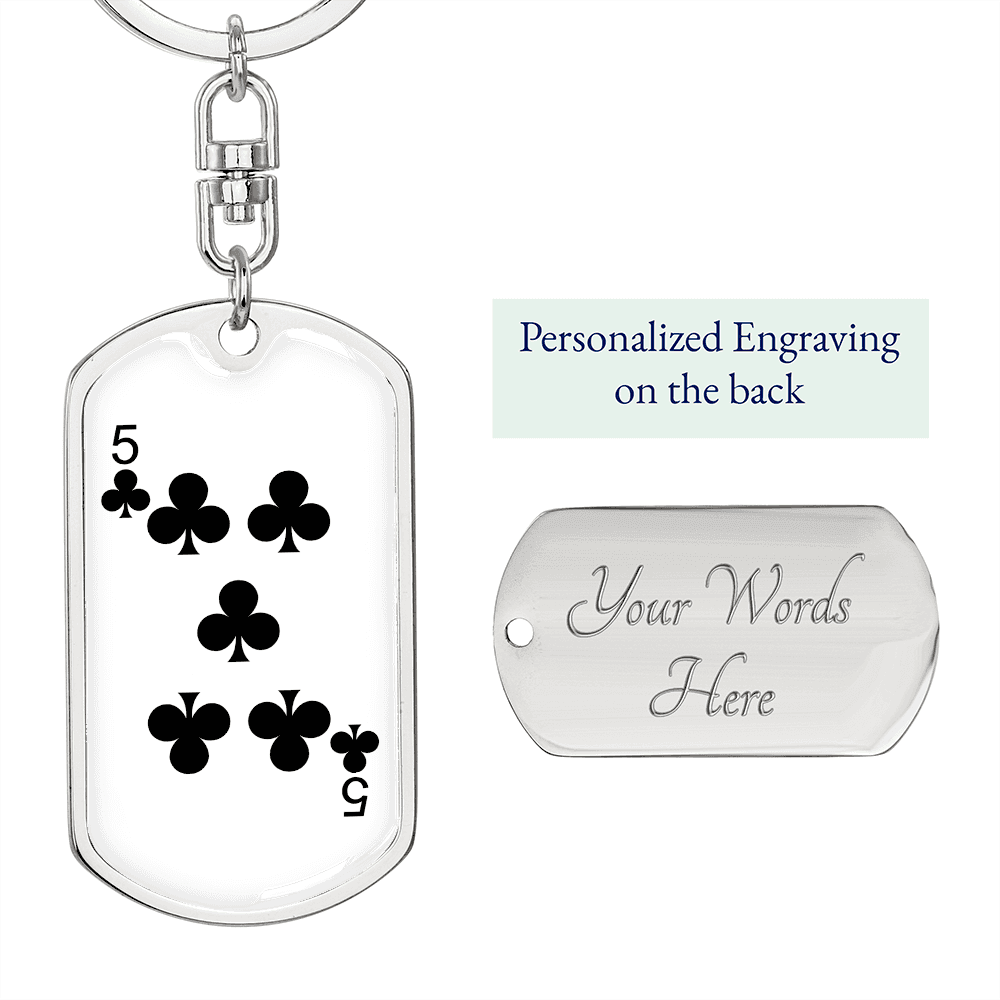 5 of Clubs Gambler Keychain Stainless Steel or 18k Gold Dog Tag Keyring-Express Your Love Gifts