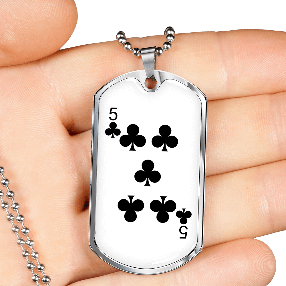 5 of Clubs Gambler Necklace Stainless Steel or 18k Dog Tag 24" Chain-Express Your Love Gifts