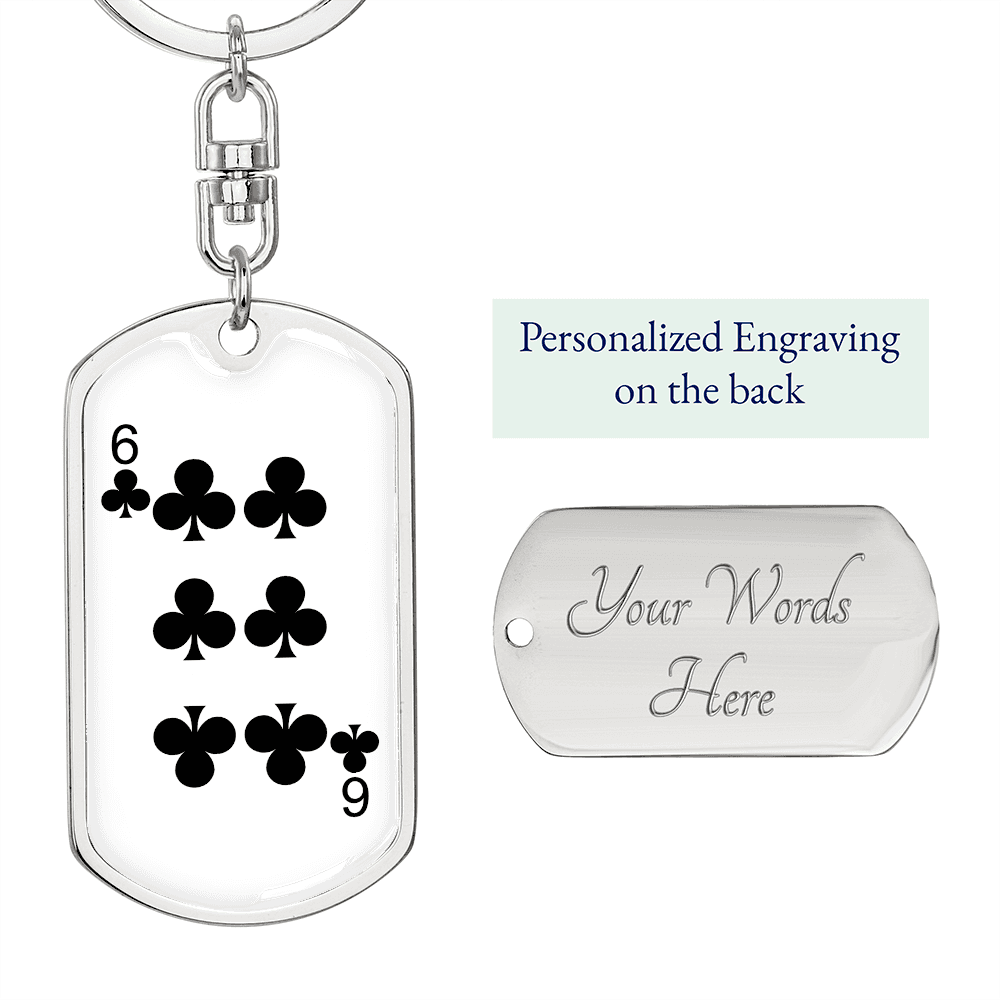 6 of Clubs Gambler Keychain Stainless Steel or 18k Gold Dog Tag Keyring-Express Your Love Gifts