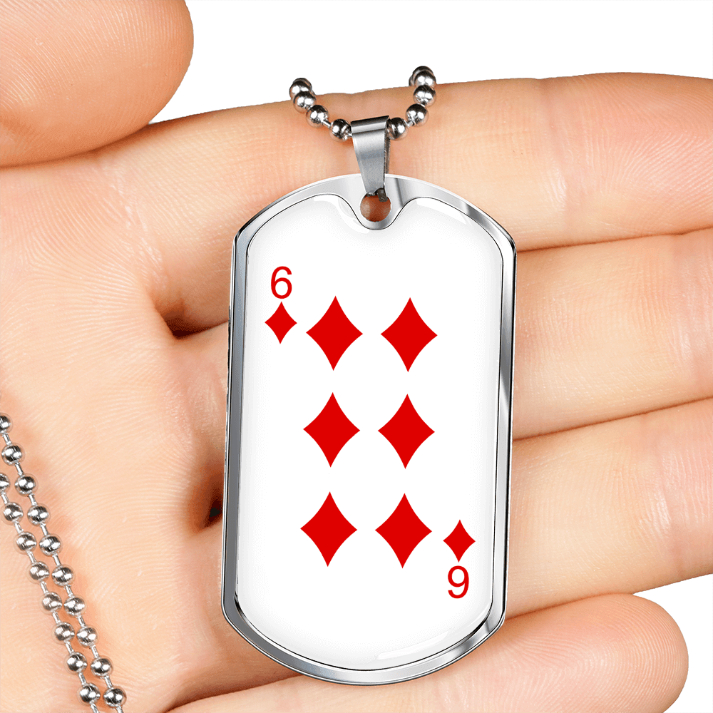6 of Diamonds Gambler Necklace Stainless Steel or 18k Gold Dog Tag 24" Chain-Express Your Love Gifts