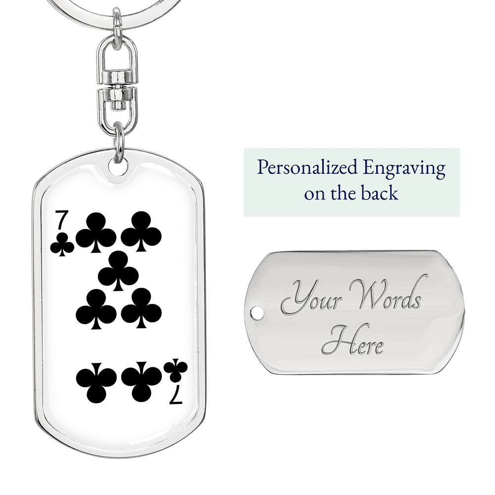 7 of Clubs Gambler Keychain Stainless Steel or 18k Gold Dog Tag Keyring-Express Your Love Gifts