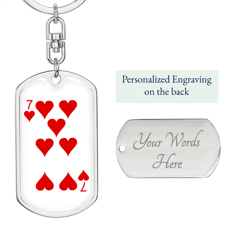 7 of Hearts Gambler Keychain Stainless Steel or 18k Gold Dog Tag Keyring-Express Your Love Gifts
