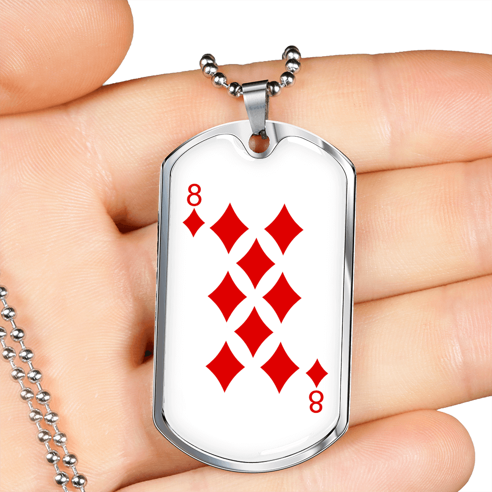 8 of Diamonds Gambler Necklace Stainless Steel or 18k Gold Dog Tag 24" Chain-Express Your Love Gifts