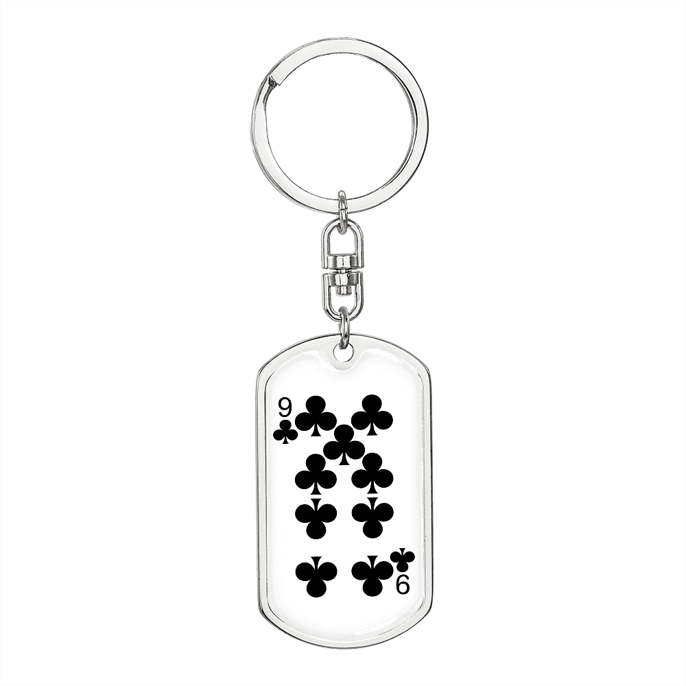 9 of Clubs Gambler Keychain Stainless Steel or 18k Gold Dog Tag Keyring-Express Your Love Gifts