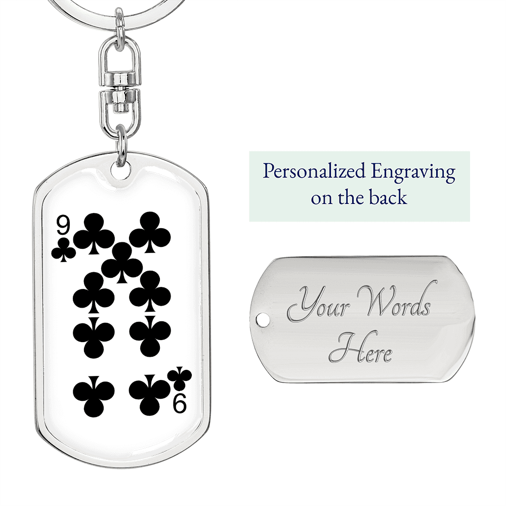 9 of Clubs Gambler Keychain Stainless Steel or 18k Gold Dog Tag Keyring-Express Your Love Gifts