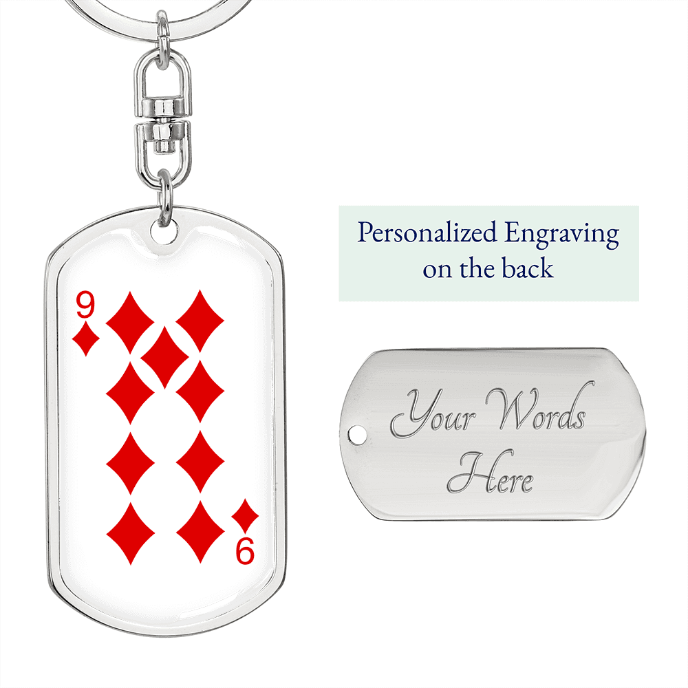 9 of Diamonds Gambler Keychain Stainless Steel or 18k Gold Dog Tag Keyring-Express Your Love Gifts