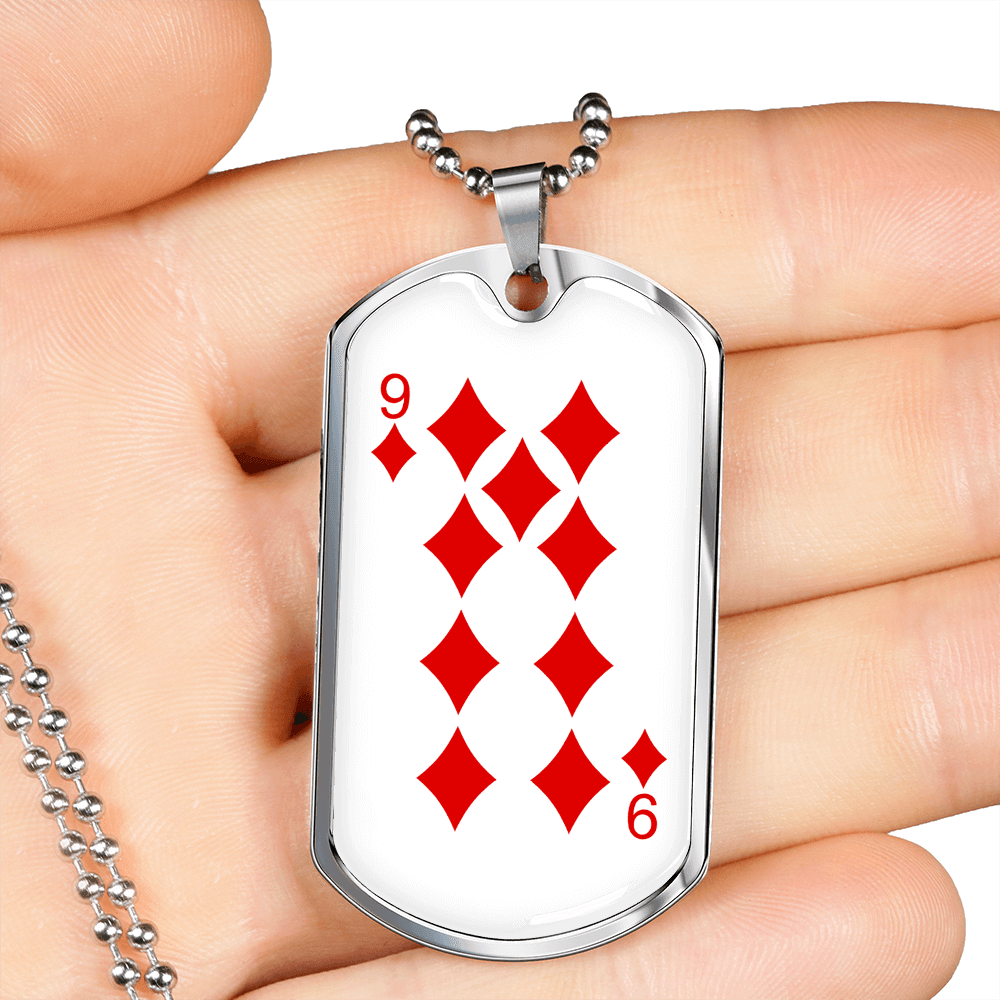 9 of Diamonds Gambler Necklace Stainless Steel or 18k Gold Dog Tag 24" Chain-Express Your Love Gifts