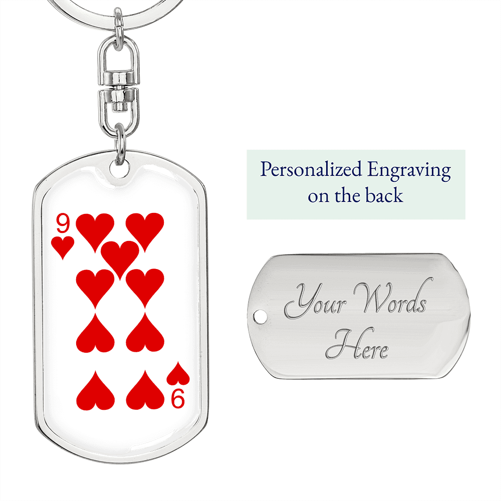9 of Hearts Gambler Keychain Stainless Steel or 18k Gold Dog Tag Keyring-Express Your Love Gifts