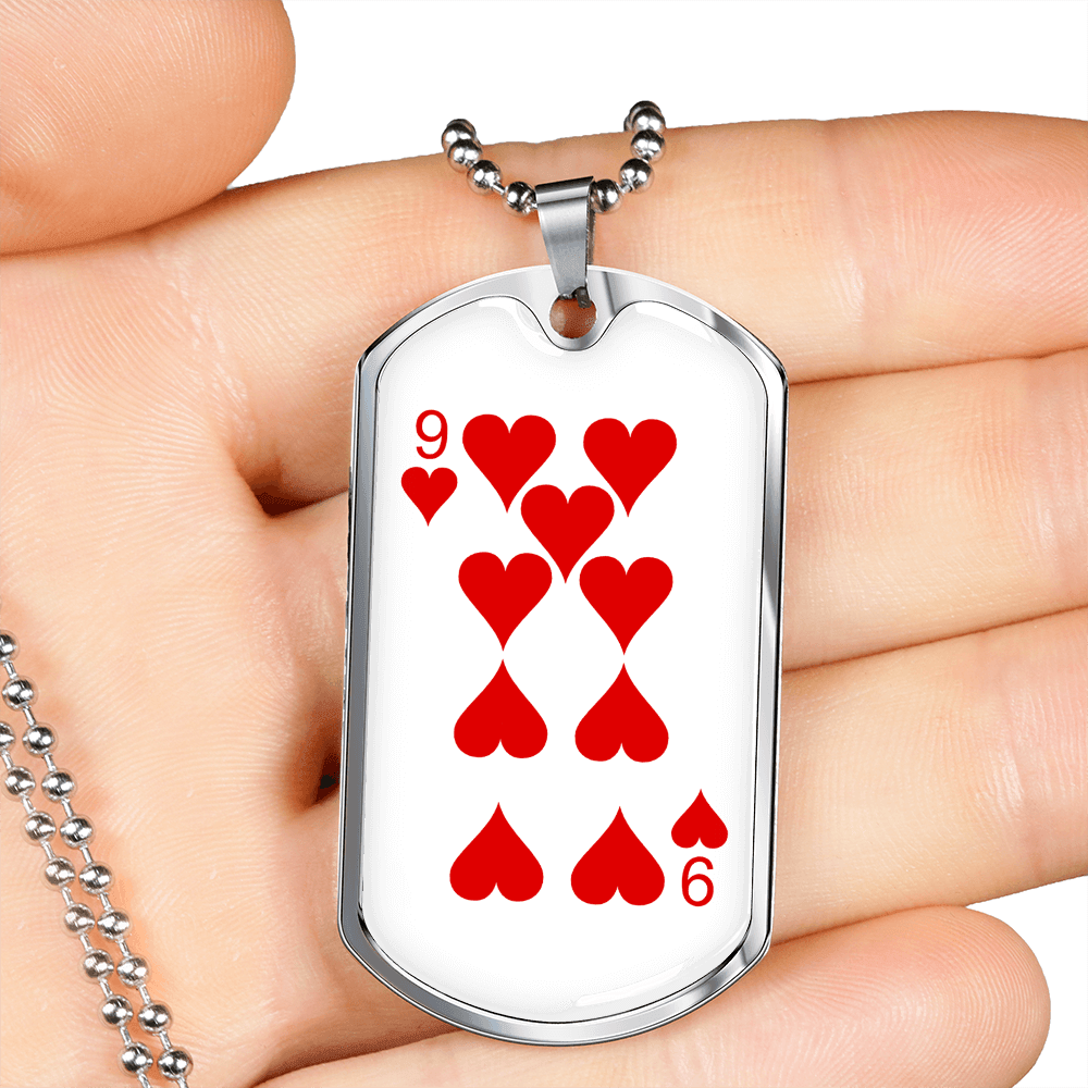 9 of Hearts Gambler Necklace Stainless Steel or 18k Gold Dog Tag 24" Chain-Express Your Love Gifts