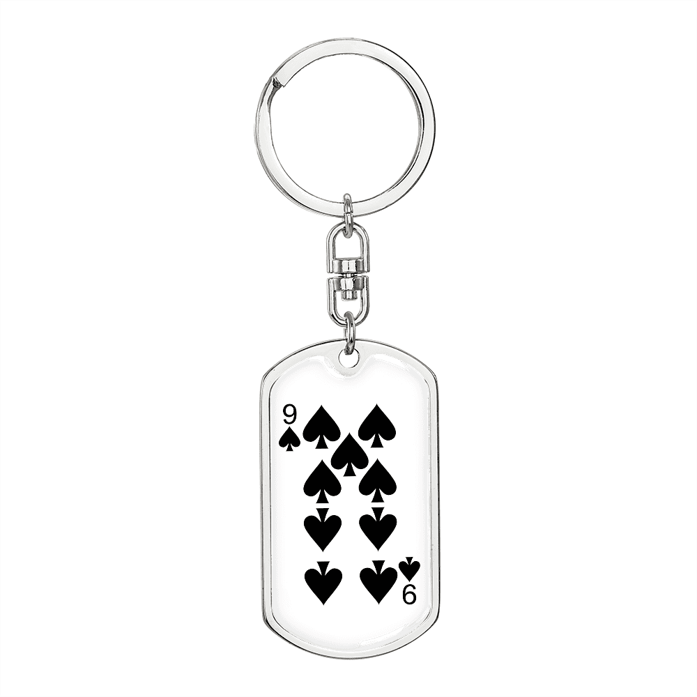 9 of Spades Gambler Keychain Stainless Steel or 18k Gold Dog Tag Keyring-Express Your Love Gifts