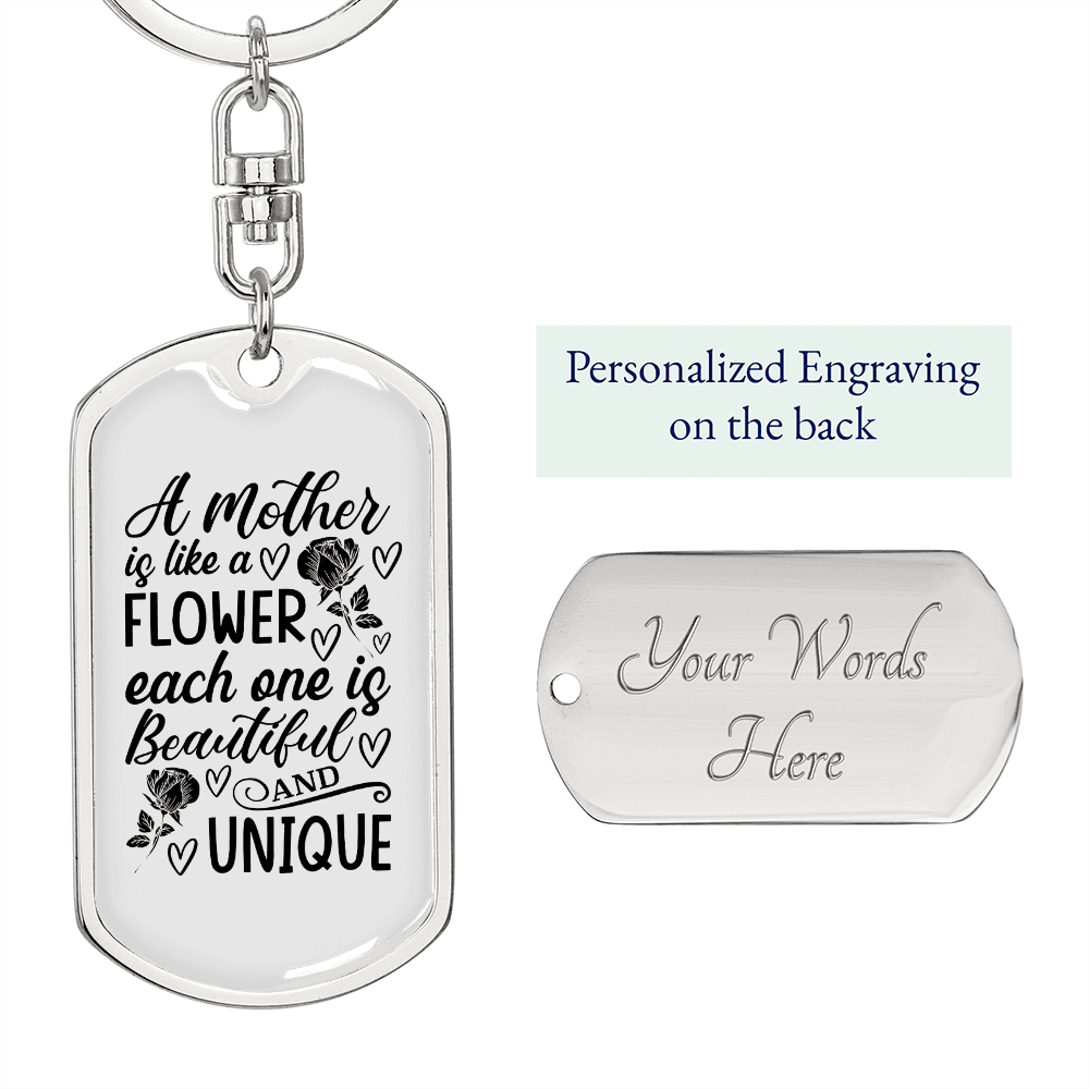 A Mother is Like a Flower Mom Keychain Stainless Steel or 18k Gold Dog Tag Keyring-Express Your Love Gifts