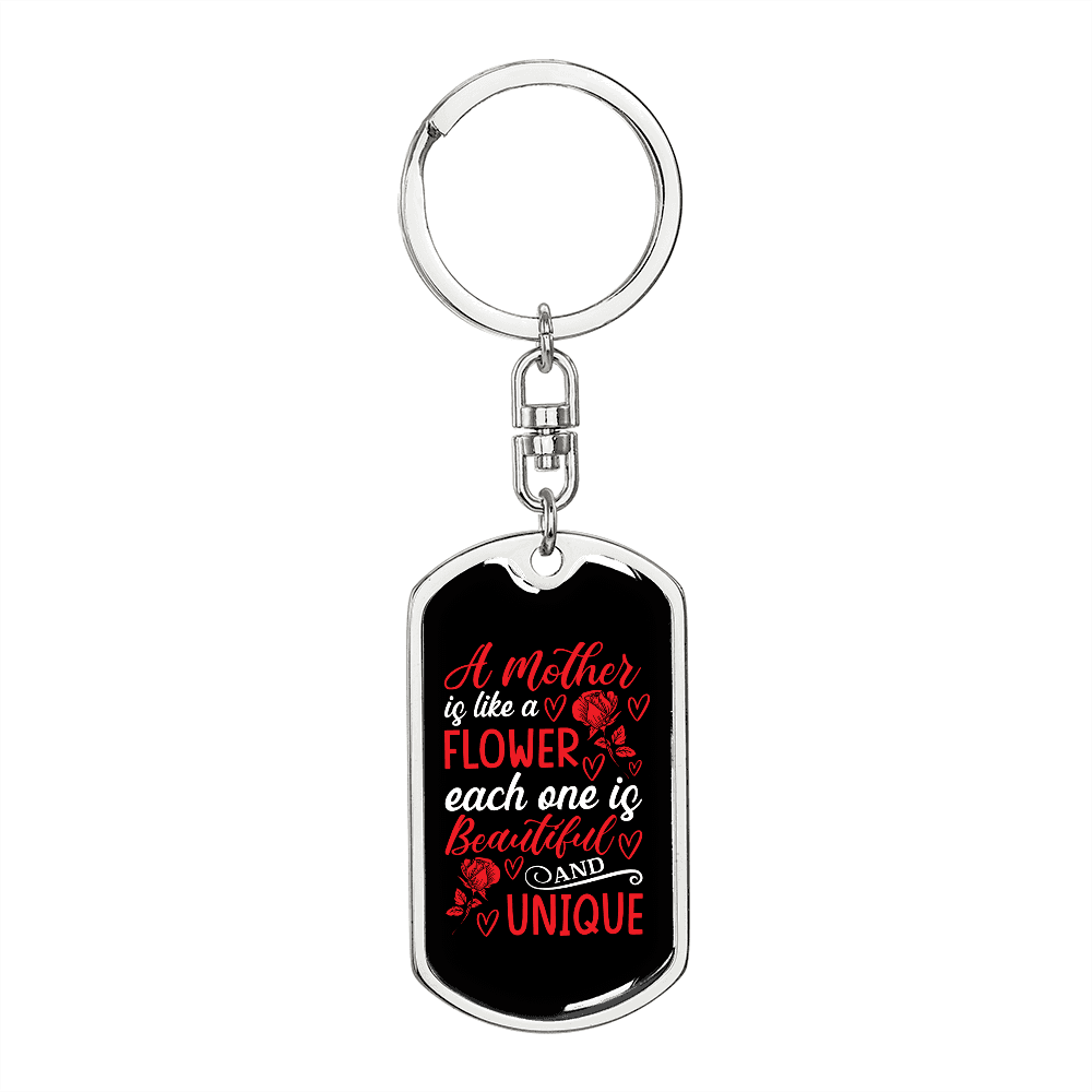 A Mother is Like a Flower Red Mom Keychain Stainless Steel or 18k Gold Dog Tag Keyring-Express Your Love Gifts