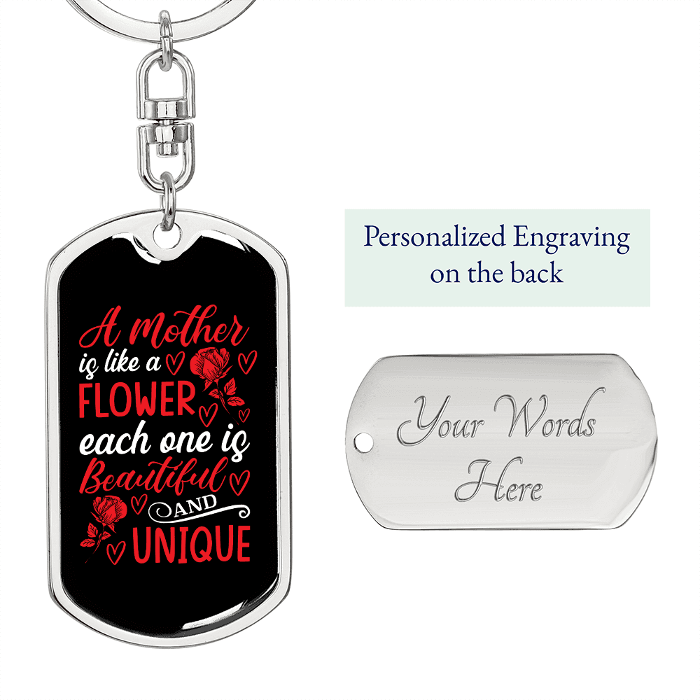 A Mother is Like a Flower Red Mom Keychain Stainless Steel or 18k Gold Dog Tag Keyring-Express Your Love Gifts