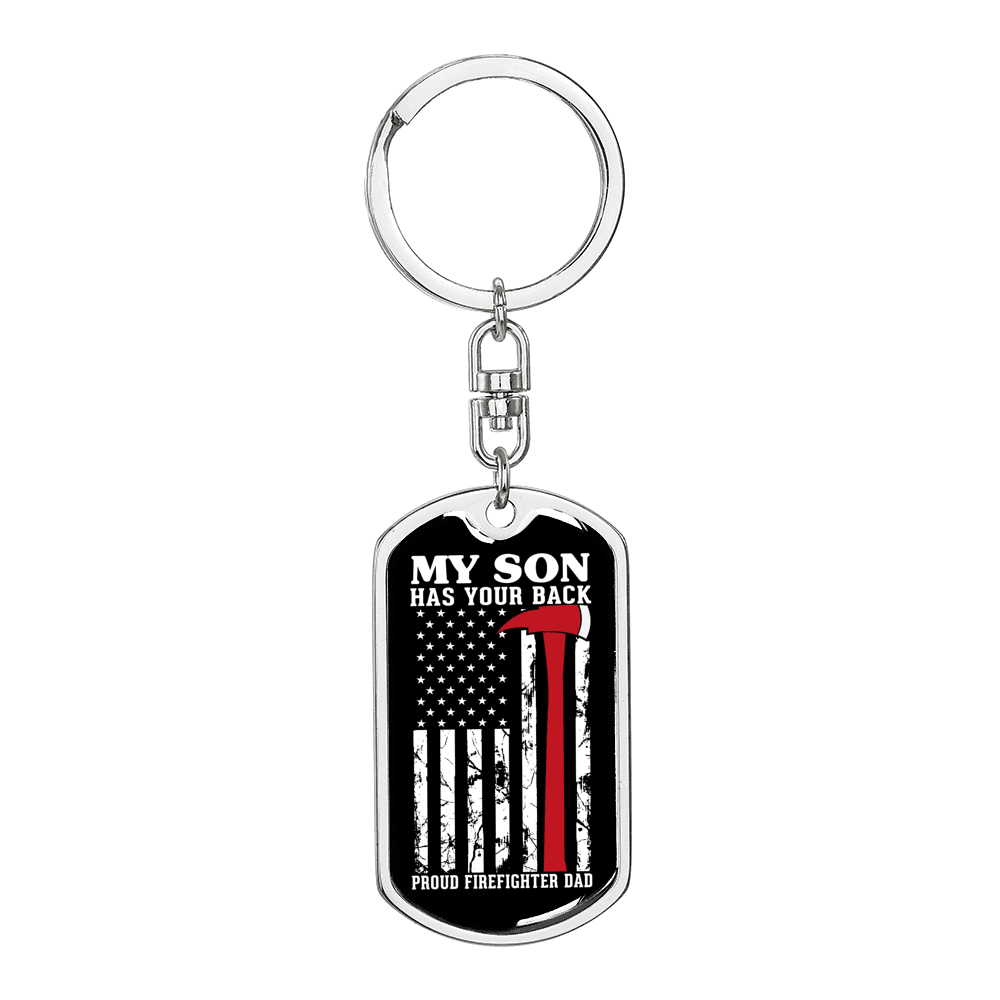 A Proud Firefighter Dad Keychain Stainless Steel or 18k Gold Dog Tag Keyring-Express Your Love Gifts