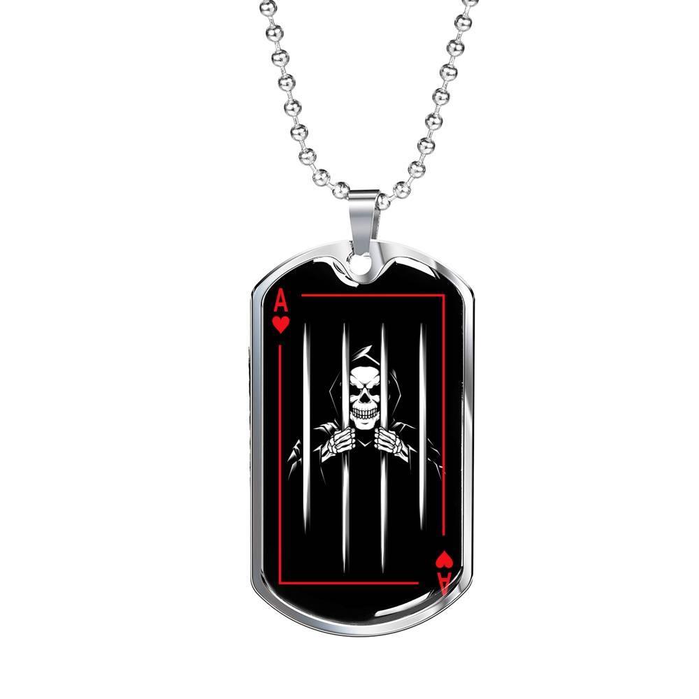 Ace Of Hearts Skull Prison Dog Tag Stainless Steel or 18k Gold 24" Chain"-Express Your Love Gifts