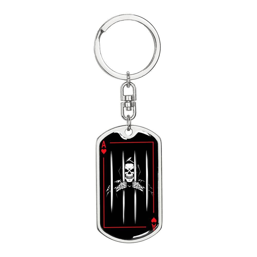 Ace Of Hearts Skull Prison Keychain Dog Tag Stainless Steel or 18k Gold-Express Your Love Gifts