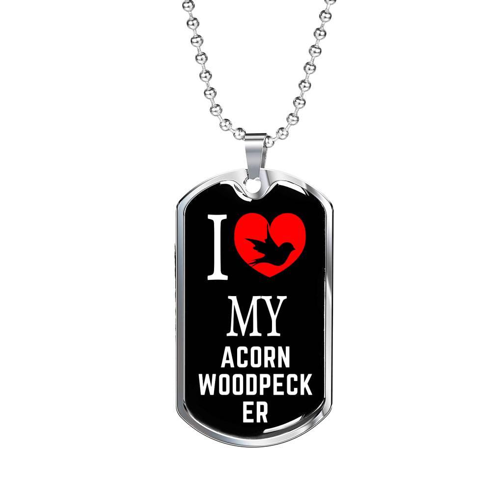 Acorn Woodpecker Necklace Stainless Steel or 18k Gold Dog Tag 24" Chain-Express Your Love Gifts