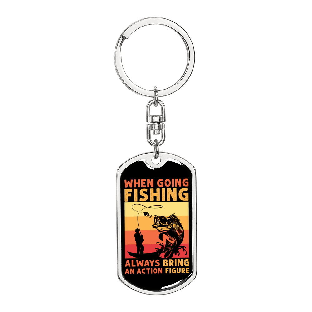 Action Figure Fishing Keychain Stainless Steel or 18k Gold Dog Tag Keyring-Express Your Love Gifts