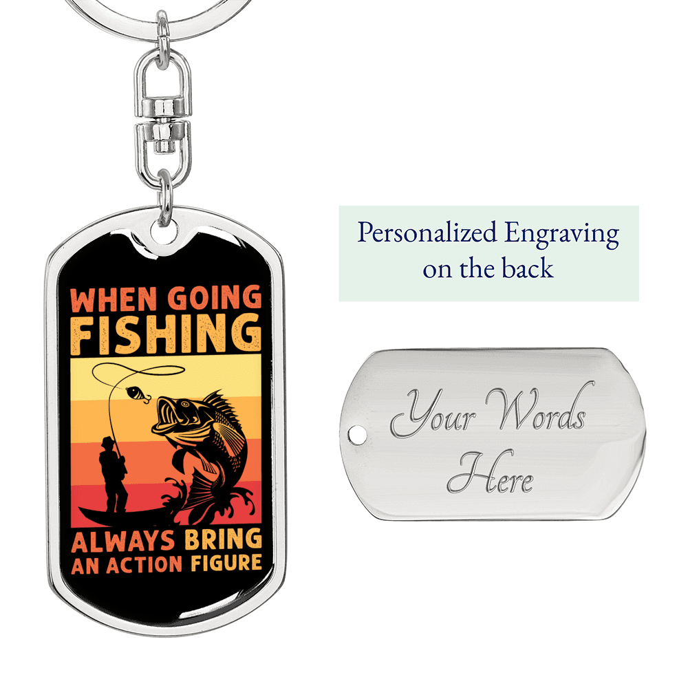 Action Figure Fishing Keychain Stainless Steel or 18k Gold Dog Tag Keyring-Express Your Love Gifts