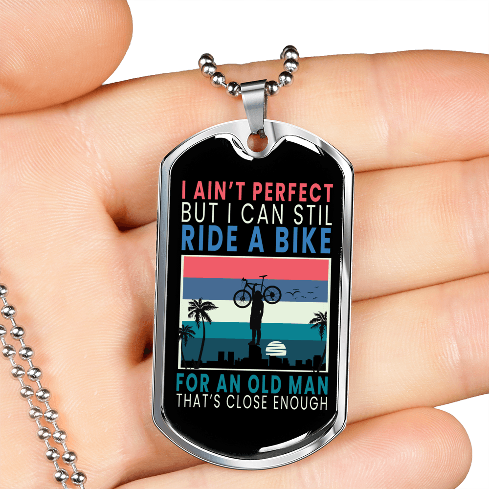 Ain't Perfect Bike Rider Cycling Necklace Stainless Steel or 18k Gold Dog Tag 24"-Express Your Love Gifts