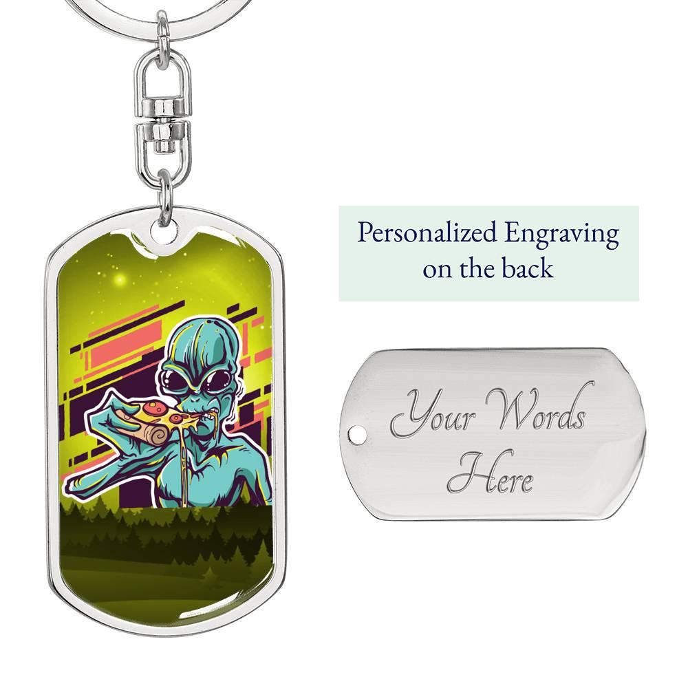 Alien Eating Pizza Dog Tag Pendant Keychain Stainless Steel or 18k Gold-Express Your Love Gifts