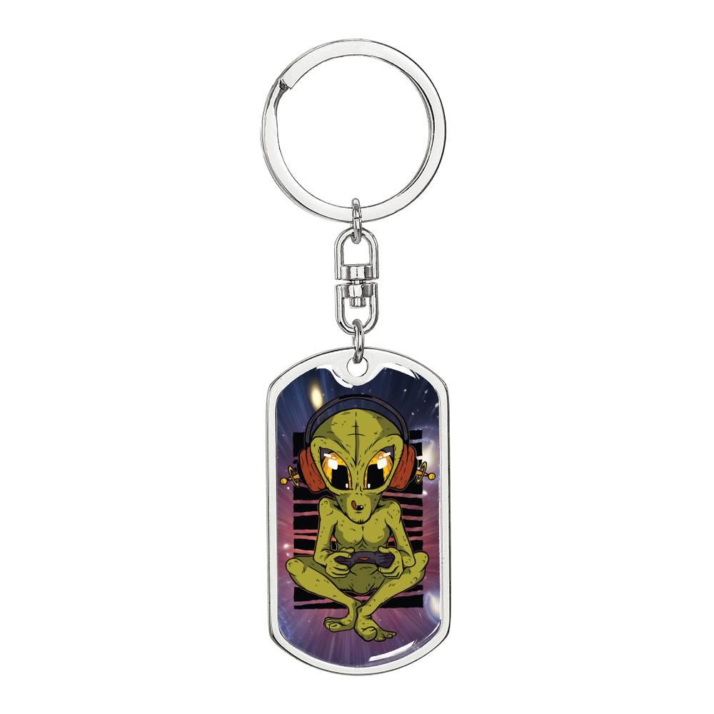 Alien Gamer Dog Tag Pendant Keychain Stainless Steel or 18k Gold-Express Your Love Gifts
