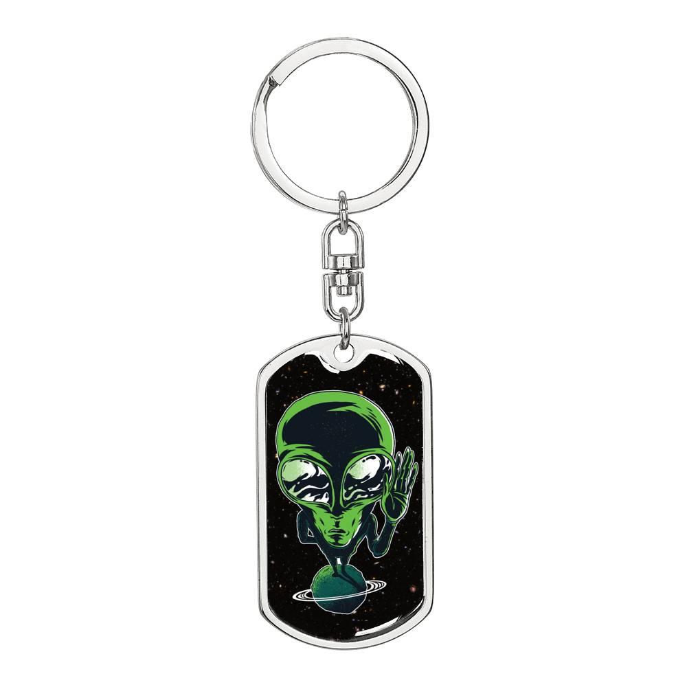 Alien On Planet Dog Tag Pendant Keychain Stainless Steel or 18k Gold-Express Your Love Gifts