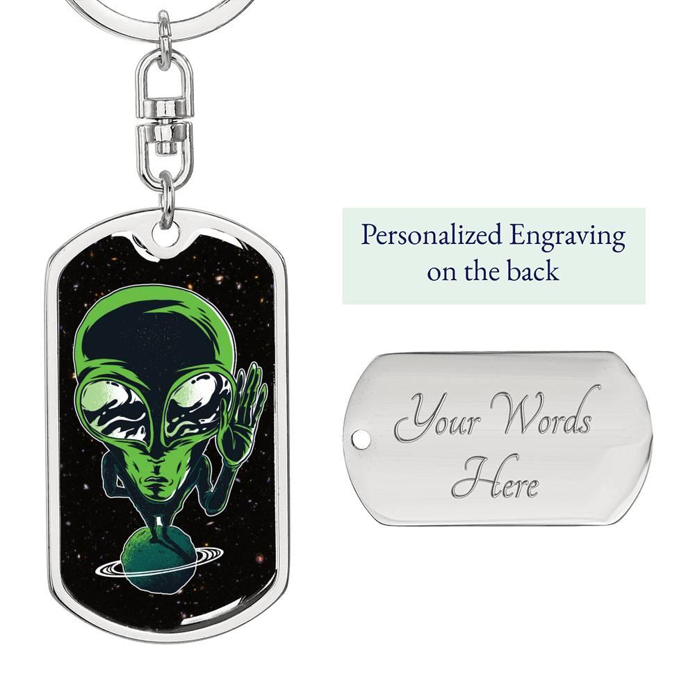 Alien On Planet Dog Tag Pendant Keychain Stainless Steel or 18k Gold-Express Your Love Gifts