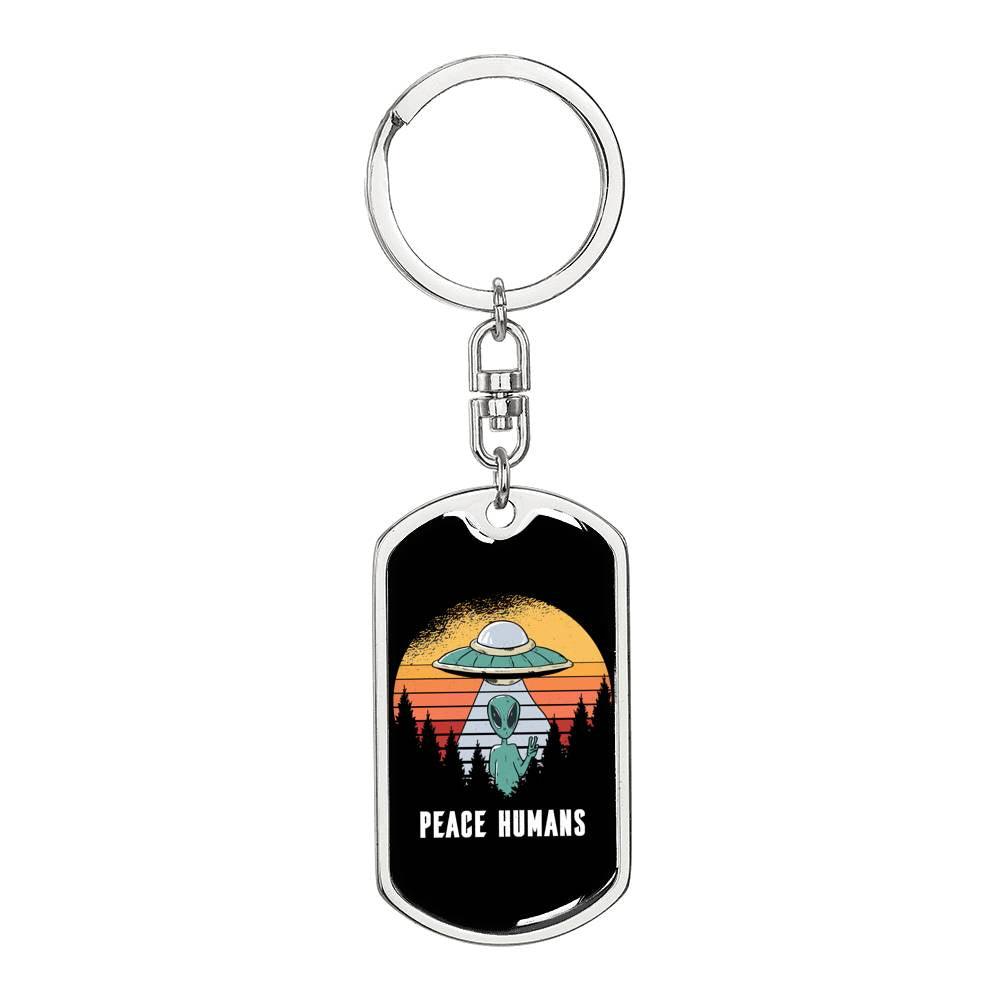 Alien Peace Human Dog Tag Pendant Keychain Stainless Steel or 18k Gold-Express Your Love Gifts