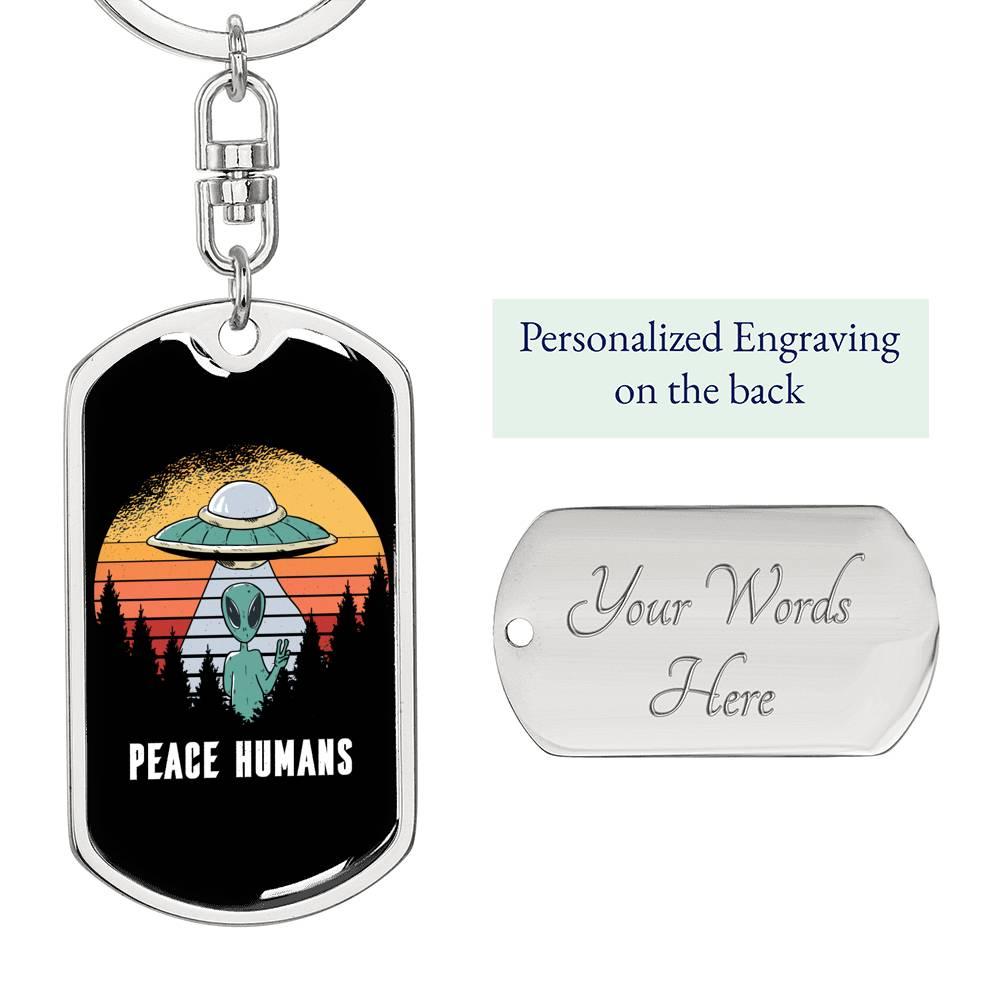 Alien Peace Human Dog Tag Pendant Keychain Stainless Steel or 18k Gold-Express Your Love Gifts