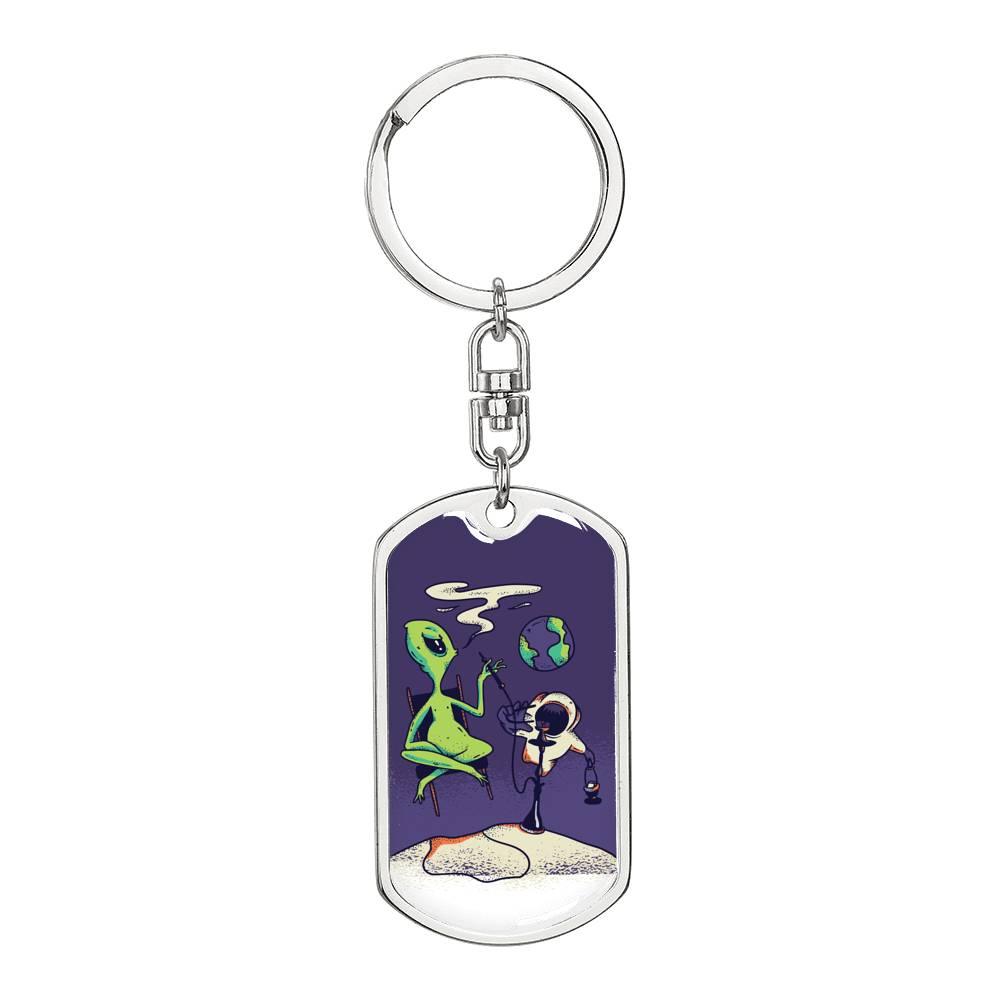 Alien Smoking Hookah Dog Tag Pendant Keychain Stainless Steel or 18k Gold-Express Your Love Gifts
