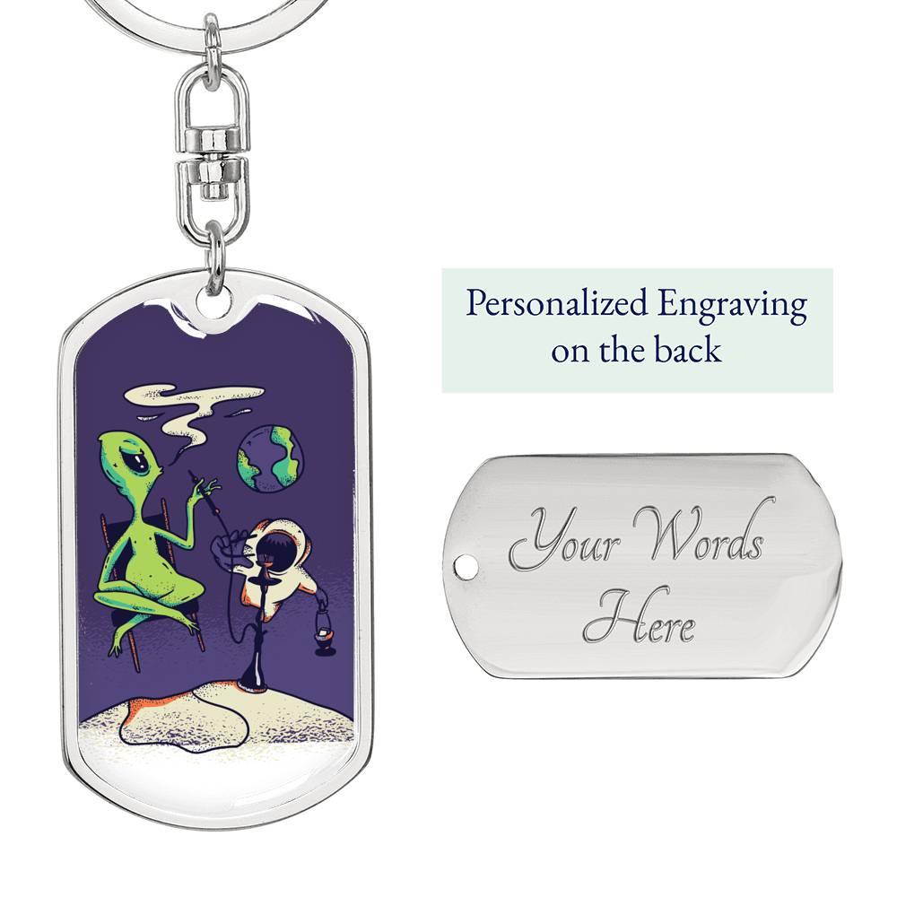 Alien Smoking Hookah Dog Tag Pendant Keychain Stainless Steel or 18k Gold-Express Your Love Gifts