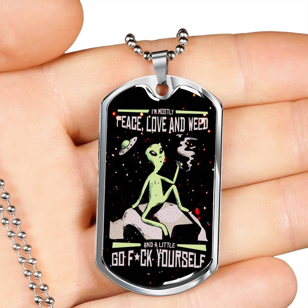 Alien Smoking Necklace UFO Alien Fan Gift Stainless Steel or 18k Gold Dog Tag 24" Chain-Express Your Love Gifts