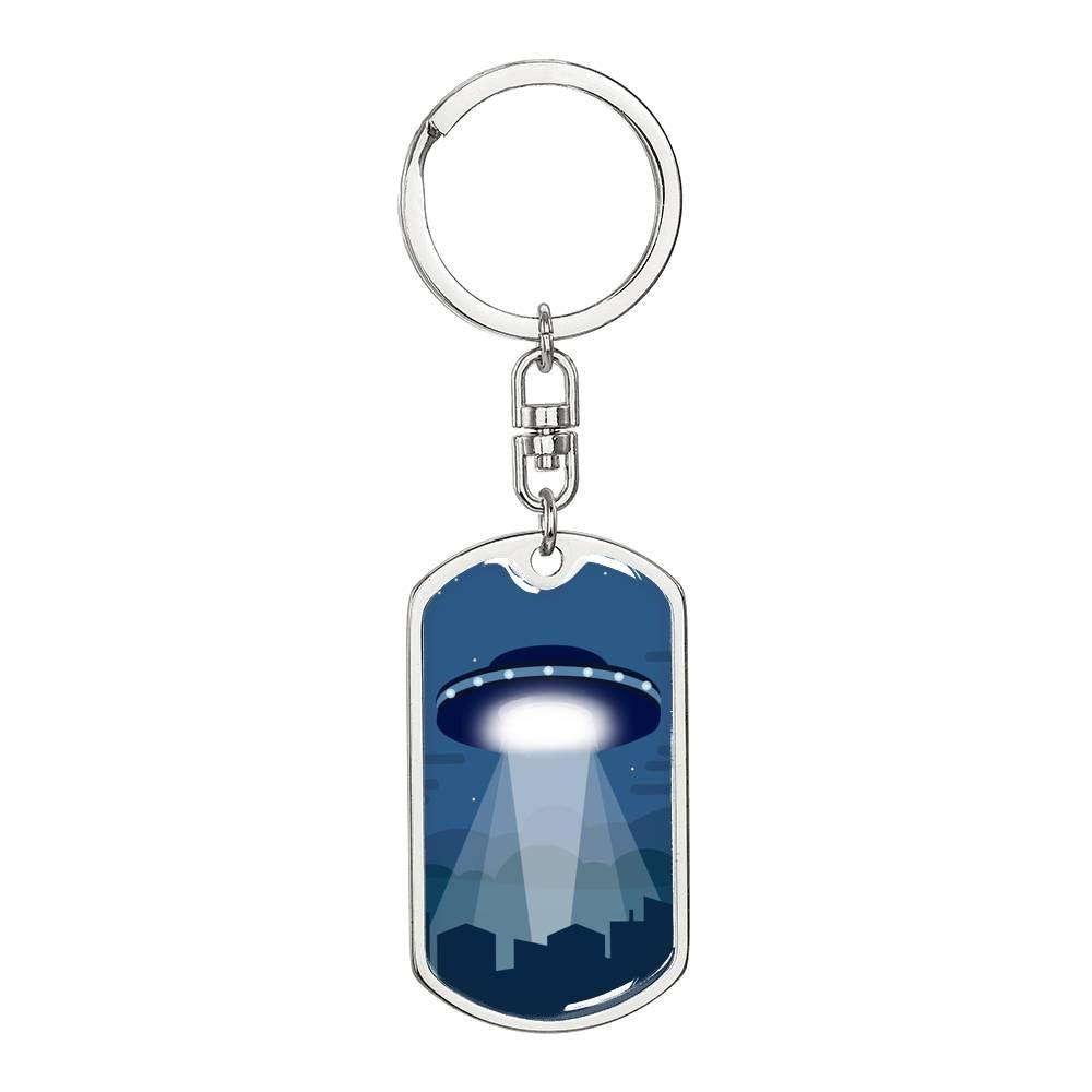 Alien Spaceship Dog Tag Pendant Keychain Stainless Steel or 18k Gold-Express Your Love Gifts