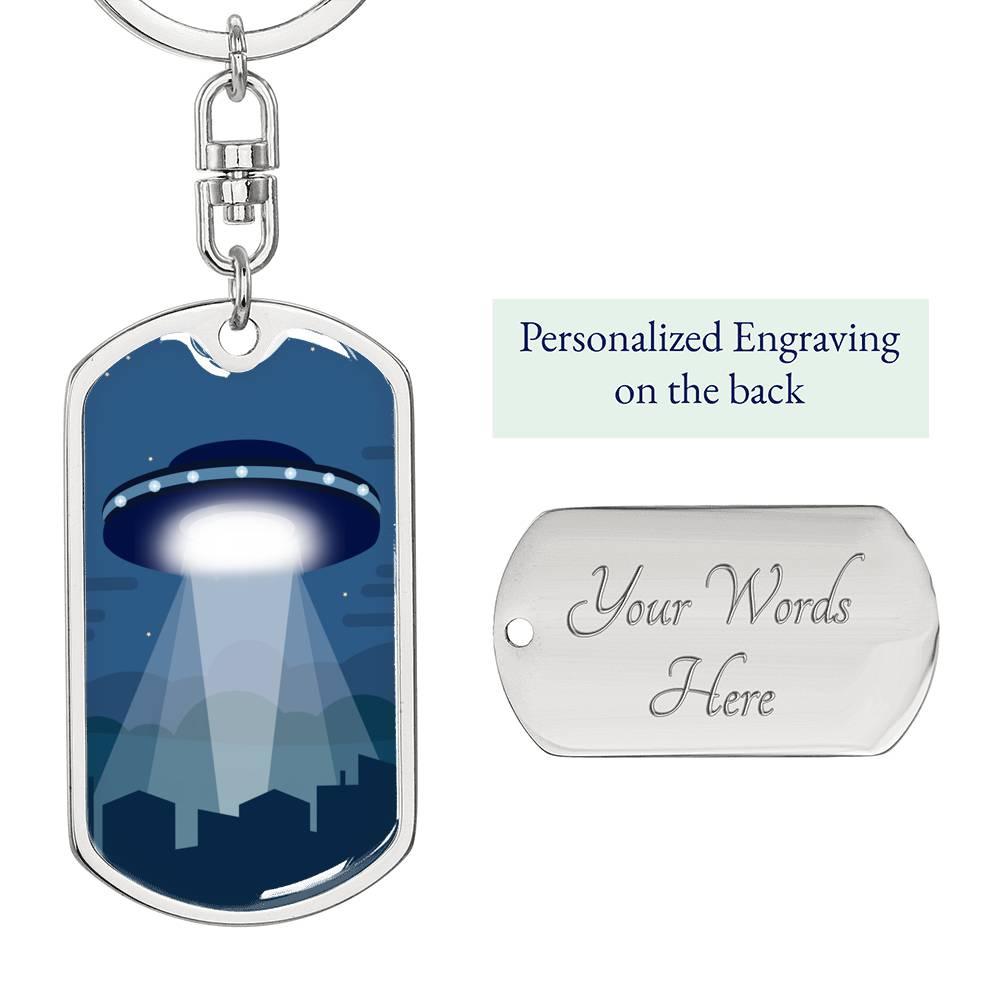 Alien Spaceship Dog Tag Pendant Keychain Stainless Steel or 18k Gold-Express Your Love Gifts