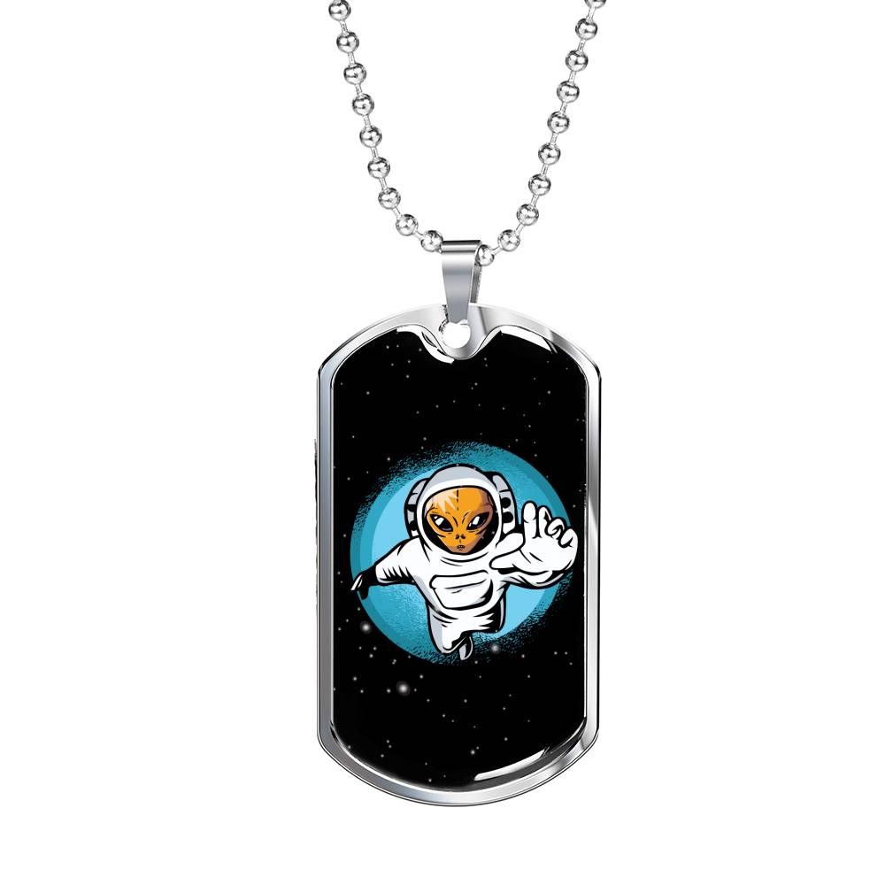 Alien UFO Fan Astronaut Necklace Stainless Steel or 18k Gold Dog Tag 24" Chain-Express Your Love Gifts